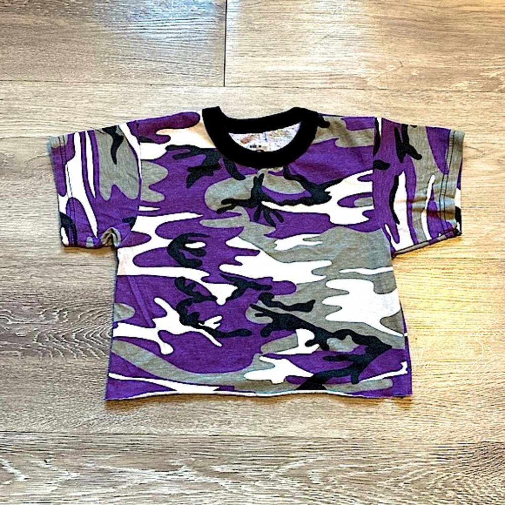 ROTHCO • Cropped Camo T-Shirt • Size XS-Small • Purple + White + Black Mini Tee